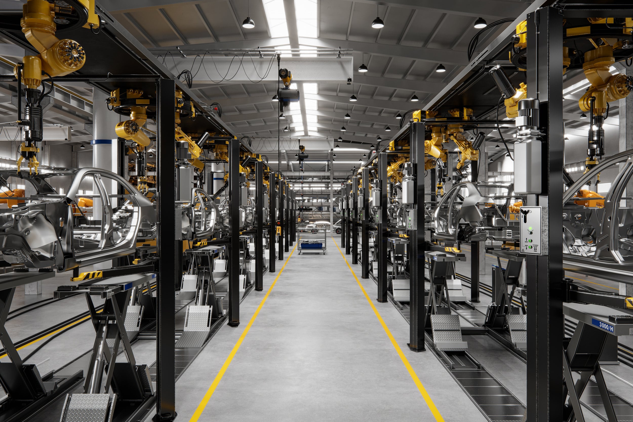 3d render of corridor of an automated car plant. Digitally generated image of large vehicle manufacturing factory.